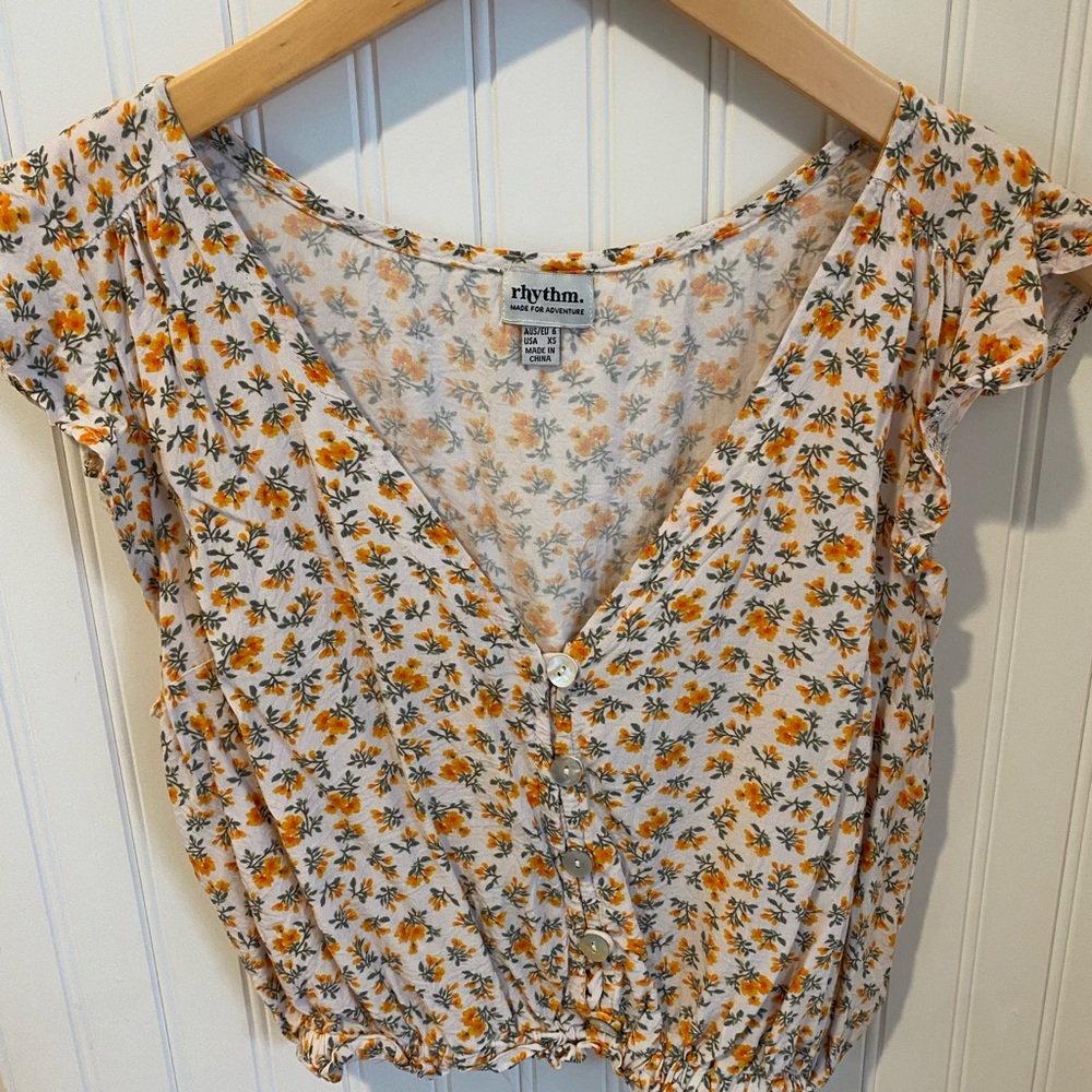 Rhythm. Cream Floral Button-Down Top with Orange Flowers
